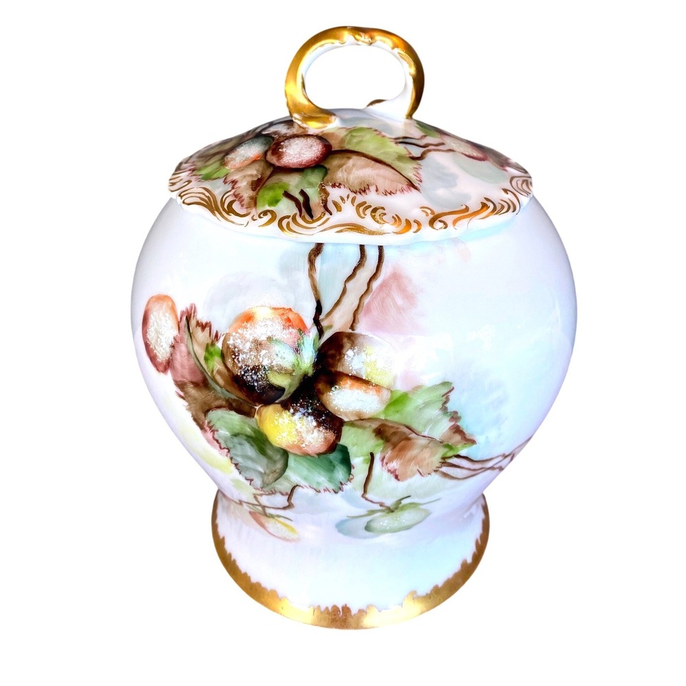 Antique Limoges T&V France Hand Painted Floral Gold Biscuit Ginger Jar with Lid